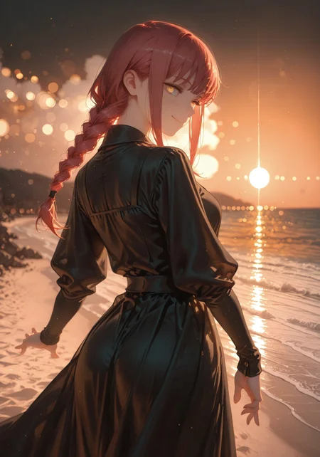 ((standing,smile,hand reaching to viewer:1.5))

((1 girl,Makima, ringed eyes,  red hair, braided ponytail, bangs, yellow eyes, sidelocks, medium hair, long hair,glowing eyes))

(black dress,:1.5)

(Beach:1.5),(sunset,orange sky,golden hue:1.5)

((negative space:1.1)),((dynamic angle:1.5)),((foreshortening:1.5)),((extreme perspective:1.4)),(dynamic pose:1.5)),(bokeh around character:1.2)

artist:moriimee,Smooth_Quality,amazing quality, ((aesthetic:1.3)),((4k,8k,Ultra HD)),((Masterpiece :1.2)),((Best quality :1.2)),((Detailed :1.5)),((Detailed background :1.5))