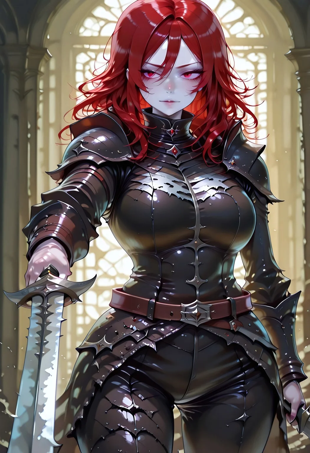masterpiece, best quality, highres, absurdres, amazing quality, high resolution,
Red Eyes, Red Hair, pale skin, Black Medieval Armor, leather straps, body coverage
curved blade
holding weapon, pointing sword,
