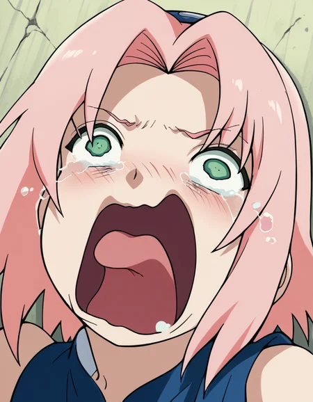 score_9, score_8_up, score_7_up, source_anime, <lora:sakura-haruno-s1-ponyxl-lora-nochekaiser:1>, sakura haruno, medium hair, green eyes, pink hair, parted bangs,, <lora:crying-aqua-ponyxl-lora-nochekaiser:1> crying aqua, crying aqua (meme), screaming, crying, crying with eyes open, tears, tongue, open mouth,, ,