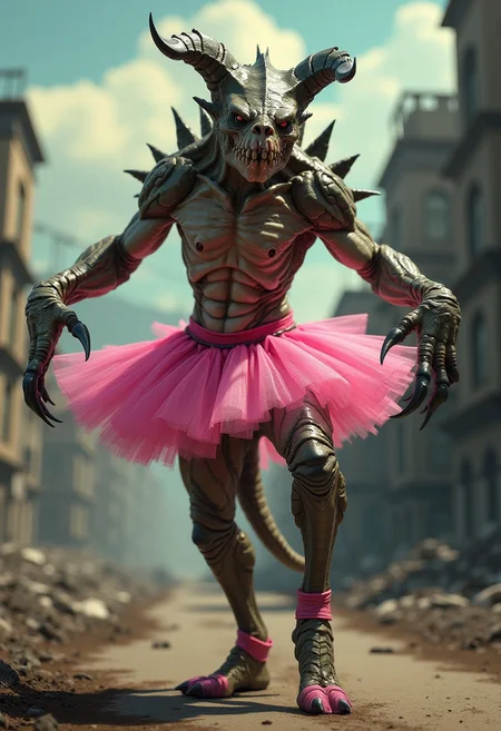 Design a highly detailed, humorous scene featuring a Deathclaw from Fallout dressed in a bright pink tutu and ballet slippers, standing on its tiptoes in an elegant ballet pose. The muscular, fearsome creature contrasts hilariously with the delicate outfit, with its claws delicately raised as if performing a pirouette. The setting is a post-apocalyptic wasteland with ruined buildings and a glowing radioactive sky in the background, adding to the absurdity. The Deathclaw’s expression is both focused and unintentionally comical, as if it’s taking its performance very seriously