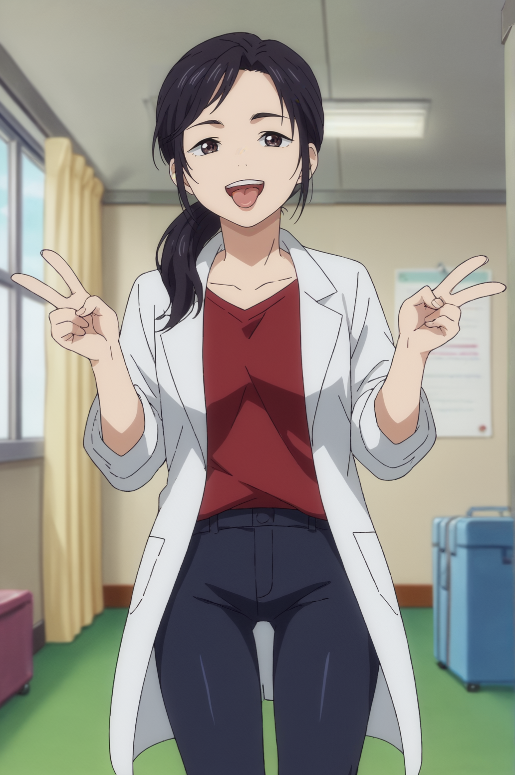 score_9, score_8_up, score_7_up,anime_source, source_anime, best background, detailed background, anime screencap,  Kurashiki, victory fingers, tongue out, :p, happy, lab coat, red shirt, shirt, black pants, solo, indoors, doggystyle, horny, <lora:Jn_Usako_Kurashiki:0.8>