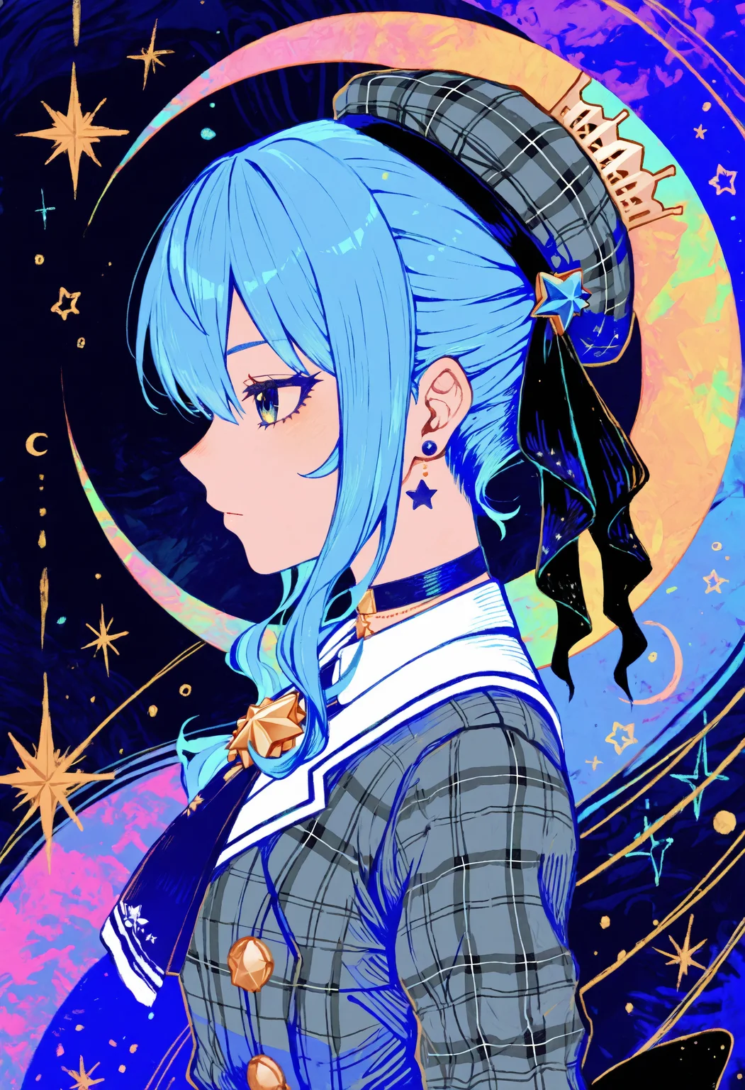 <lora:Style_OtonohaAika:1>, 1girl, abstract background, colorful, star \(symbol\), hatching \(texture\), hoshimachi suisei \(1st costume\), blue theme, crescent, from side, masterpiece, best quality