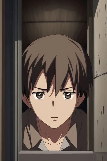 high resolution, solo, best quality, 1Boy, Takaki Toono, Brownish Hair, Brown Eyes, surprised, peeking out, OverallDetail