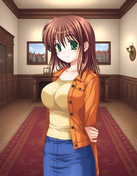 general,highres, ultra-detailed,very aesthetic,best quality ,best hands, BREAK <lora:Yotsutani_Asako_IS:1>YotsutaniAsako, 1girl,solo, brown hair, green eyes, large breasts, long hair,
1girl, solo, denim, blue skirt, orange jacket, smile, jeans, denim skirt, Yellow sleeve, down arms,
Western-style building, room, carpet,