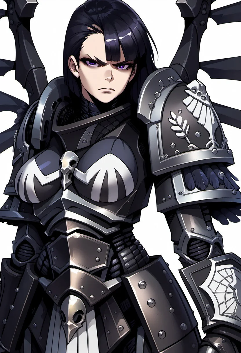 Score_9, score_8_up, score_7_up, score_6_up, score_5_up, score_4_up, 1girl, solo, CorvinaXL, black hair, bangs, short hair, purple eyes, large breasts, armour, shoulder armor, winged jump-pack, gauntlets, standing, scowl, simple background, white background,