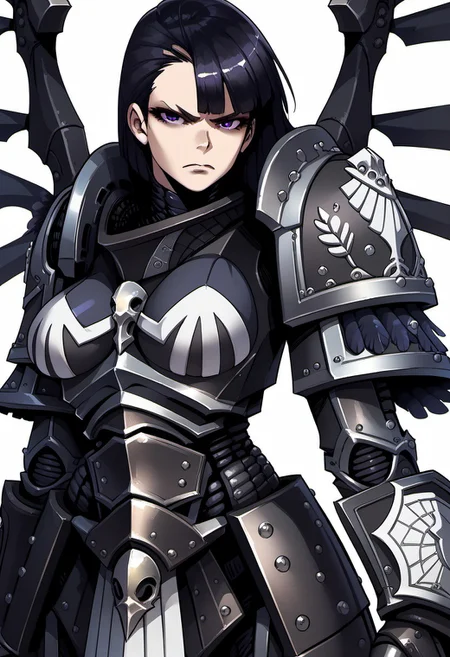 Score_9, score_8_up, score_7_up, score_6_up, score_5_up, score_4_up, 1girl, solo, CorvinaXL, black hair, bangs, short hair, purple eyes, large breasts, armour, shoulder armor, winged jump-pack, gauntlets, standing, scowl, simple background, white background,