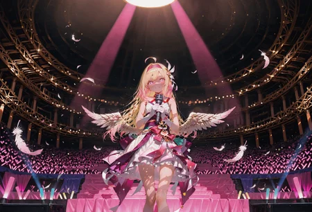 Front view,low angle,Standing,holding mic,serene smile,singing
1 girl,petite,(waist length hair:1.2), straight hair,blonde hair, (vibrant pink accents hair:1.1),fair skin,pink eyes, sparkling eyes,ahoge,small wings on hips,floating feathers,idol
Sleeveless white dress with pink accents,white long glove,head band, feathers hair ornament, feathers design
glimmer,sparkling,stage,(music concert:1.4),(spotlight:1.1),glow stick,(Bokeh:1.3),negative space,wide shot
Cunnystyle,748cmstyle,Smooth_Quality,masterpiece,best quality,amazing quality, aesthetic,(vibrant colors:1.4),(bold lines:1.3),(saturated:1.3),