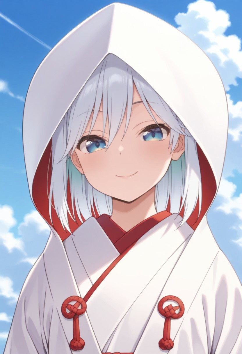 masterpiece,best quality,amazing quality, asahi amagami, blue-white hair, blue eyes, 1girl, solo, smile, kimono, wataboushi, sky, japanese clothes, looking at viewer, uchikake, blue sky, cloud, day