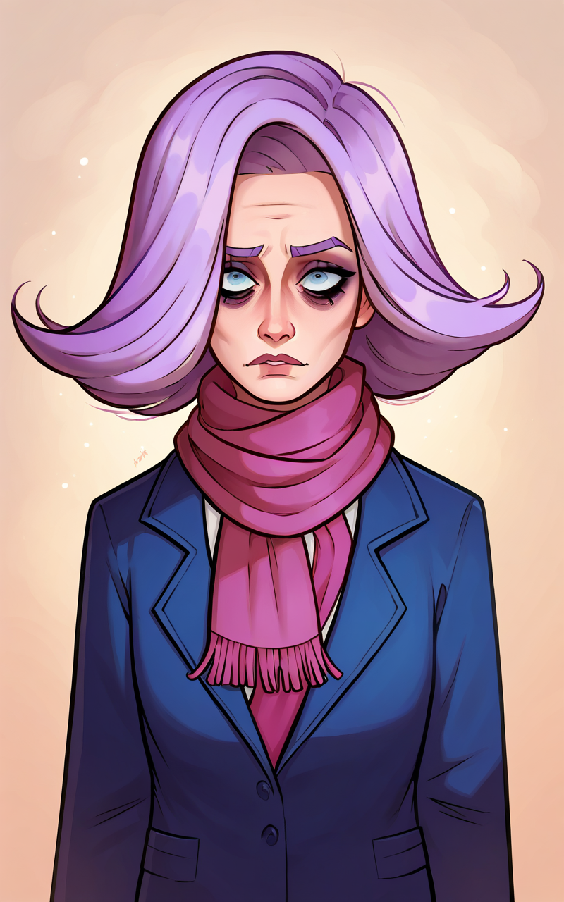 score_9, score_8_up, <lora:zelligxl-v2:1> 1girl, zellig_vera, lavender hair, pantyhose, scarf, hair over one eye, coat, bags under eyes