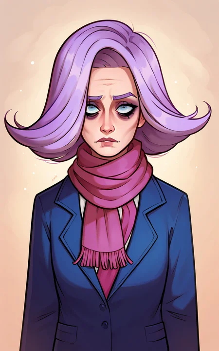 score_9, score_8_up, <lora:zelligxl-v2:1> 1girl, zellig_vera, lavender hair, pantyhose, scarf, hair over one eye, coat, bags under eyes