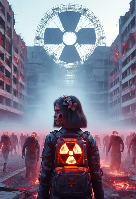 4D render, Chernobyl disaster, nuclear , Apocalypse,girl, detailed face, portrait, glowing x, minimalist outfit, anti social , zombies, ,cyberpunkartstyle,ruined ancient city,Professional styling, intricate details,8k post production, faithful, Religious denomination,