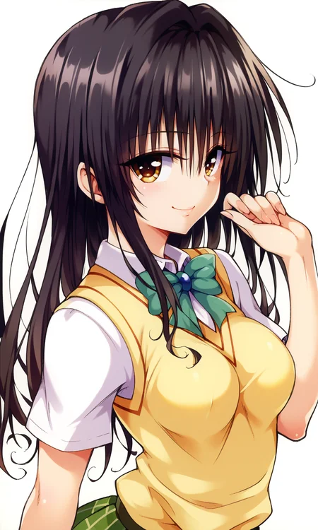 YabukiKentarou, to love-ru, ore_9, score_8_up, score_7_up BREAK 
kotegawa yui, brown eyes, black hair, long hair, medium breasts, school uniform, skirt, sweater vest, looking at viewer, light smile, portrait, 
 <lora:YabukiKentarou_Pony:1>