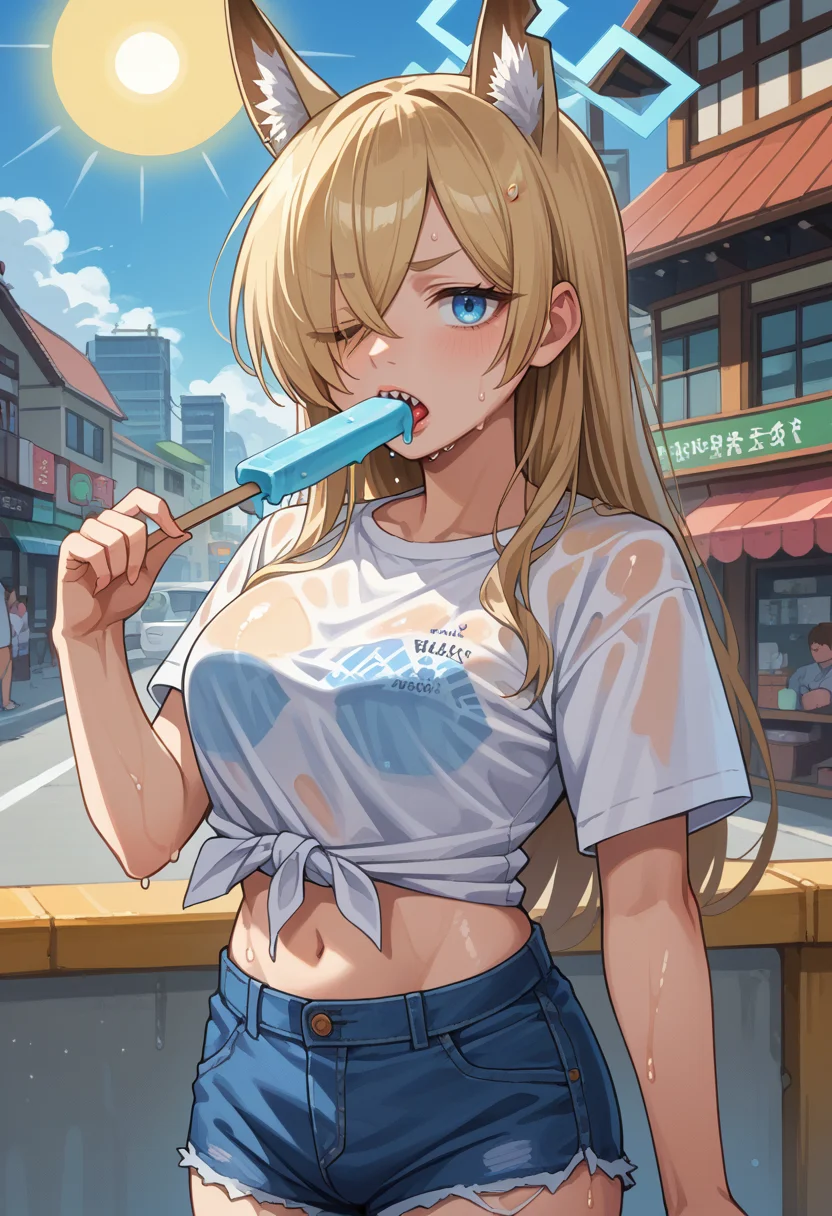 score_9, score_8_up, source_anime, 1girl, solo, KannaBA, animal ears, sharp teeth, long hair, hair over one eye, blue halo, white t-shirt, sweat, see-through, wet shirt, denim shorts, one eye closed, looking at viewer, popsicle, ice cream, eating ice cream, sun, city, tied shirt, midriff, <lora:ChamKannaBAPonyXL:1>