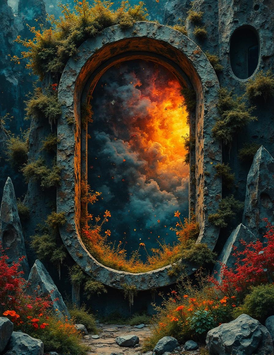 <lora:flux-collagestyle.safetensors:1> darkfantasycollagestyle
In the heart of an otherworldly garden, a rustic window frame emerges from a tapestry of vibrant, grass-green plants and meticulously crafted rocks. The frame, encrusted with moss and lichen, exudes a sense of ancient, untamed nature. The window itself, a portal to another realm, glows with a warm, pulsating light that seems to shimmer and dance, casting an ethereal glow over the intricate scene.
The plants around the window are a riot of colors and textures, with jagged leaves and delicate petals that seem to be on the verge of movement. The rocks, sharp and angular, jut out from the ground, their surfaces etched with the marks of time and the elements. The contrast between the fiery, blazing hues of the glowing window and the cold, muted blues and blacks of the surrounding landscape is stark, creating a sense of menace and balance.
The garden is alive with a kinetic energy, as if the scene is on the brink of a climactic showdown. The air is thick with tension, and the light from the window casts deep, dramatic shadows that play across the rugged terrain. The window itself seems to pulse and throb, a beacon of warmth and light amidst the oppressive, chaotic atmosphere. The scene is a perfect blend of detailed, intricate elements and a larger-than-life scale, capturing the raw, cinematic intensity of a world on the edge of an apocalyptic confrontation.