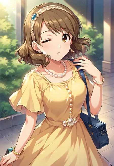 score_9, score_8_up, score_7_up, source_anime,tsukimiya miyabi, brown hair, brown eyes, short hair, 1girl, one eye closed, solo, dress, jewelry, necklace, hairband, pearl necklace, looking at viewer, bracelet, yellow dress, bag