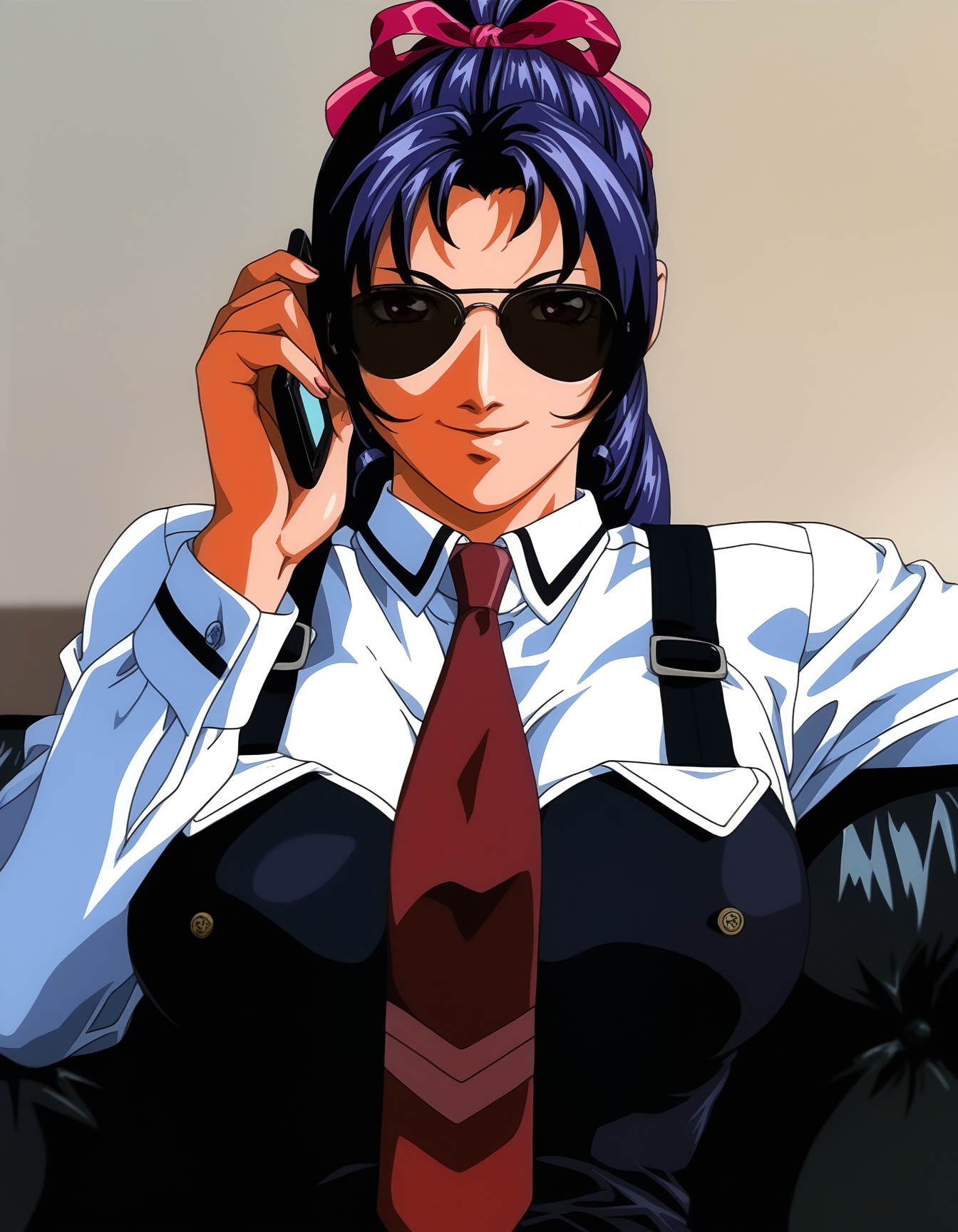 masterpiece, good quality, best quality, highres, very awa, bloom, shadow,
Kozono Nami, 1girl, solo, upper body, 
long hair, purple hair, high ponytail, hair ribbon, sunglasses, black glasses, sg-AVIATOR, sitting, holding phone, talking on phone, elbow rest, leaning back, on couch, black couch, outstretched arm, straight-on, hand out of frame,
smile, looking at viewer, 
school uniform, vest, suspenders, red necktie, 
curvy, large breasts,
indoors, room, grey wall, picture, sidelighting, 
<lora:Kozono Nami 3216 NoobAIXL Vpred L2:1> <lora:glasses_aviator_Illustrious_V1L:1>