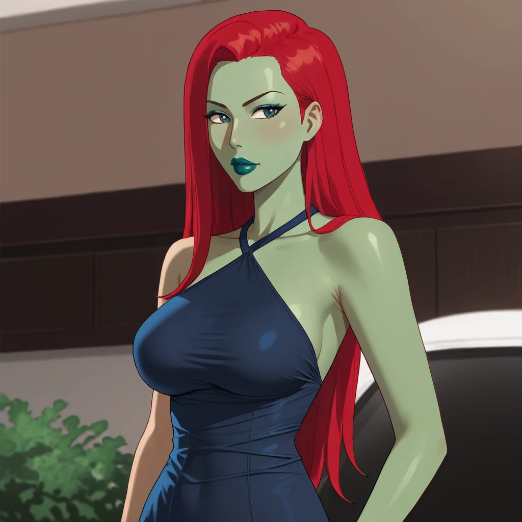 <lora:poisonivycartoon_pony_v1:.8>  PoisonIvyBikiniCartoon, 1girl, solo, lipstick, makeup,  large breasts,  (green skin:1.5), colored skin, long red hair, black lips, cowboy shot,   <lora:0932 Home wear 9_v1_pony:1> ruanyi0932,blue dress,halter dress,sleeveless,cowboy shot,taut dress,skin tight,long dress