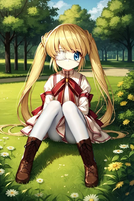 score_9, score_8_up, score_7_up, score_6_up, rating_safe, source_anime, best quality, masterpiece, detailed eyes, detailed background, park, sitting in grass, <lora:nakatsu-shizuru-xl-03:1.2>, nakatsu shizuru, medical eyepatch, rewrite uniform, white tights, brown boots, long odango twintails, blue eye