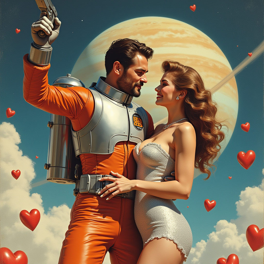 A man in a silver and orange spacesuit with a jetpack, "space ranger" with a logo is on his suit, he has brown hair and a stubble beard, one arm wielding a ray gun pointed to the sky, the other wrapped around the waist of a beautiful woman. The woman is wearing a silver glittering gown and pressed tight against the man. She is holding a ray gun in one hand preparing to defend their love. The back drop has a large planet with bands of gas. The scene should be in the (style of a 1950 or 1960 pulp comics cover:1.2). The scene is dynamic and campy. Several plastic heart containers are raining down all around them.