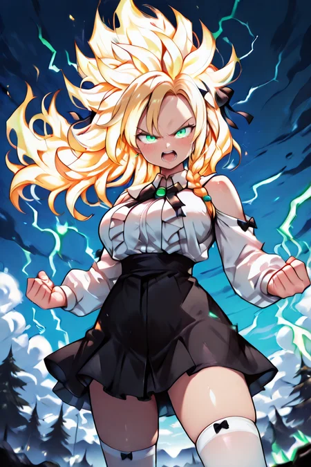 PonyScores, Expressiveh, score_9, score_8_up, score_7_up, 1girl, source_anime, rating_explicit, (Alina Clover), (green eyes), standing, long hair, hair ribbon, braid, frilled shirt, white shirt, long sleeves, black bow, high-waist skirt, black skirt, white socks,(big breasts), masterpiece, best quality, good quality, newest, best resolution, 32K, holographic colors, uncensored, ambient occlusion, raytracing, soft lighting, absolutely eye-catching, intricate cinematic background, (sexy, slutty, seductive), colored skin, tilted head, (intense colors:1.2), (gentle, very delicate:1.1), ethereal hair, (((looking at viewer))), fascinated, light blush, (upper body), seductive smile, <lora:AlinaCloverIllustriousApexAi:1>, detailed hands, detailed eyes, close-up, blushing, shy expression, slim body, detailed hand, Highly detailed, detailed skin, realistic body, natural light, natural shadows, depth of field, Detailed, Extremely Detailed, 32k, (electrokinesis), (electricity), standing, looking at you, seductive smile, outdoors, sexy, full lips, (golden electricity), (glowing electricity), backlighting, blue sky, day, sun, wind, trees, clouds, moon, night, fog, (detailed eyes), (detailed face), (detailed background), (portrait), detailed landscape, (perfect lighting), (best quality), horizon, (light particles), glowing eyes, anime, (perfect female body), (beautiful eyes and face), (upper body), alternate form, toned female, slender,bare shoulders, thigh highs, ponytail, dynamic character design, detailed lips, ((focus eyes)), ((eyes focus)), (ahhhhhhhhh), (open mouth), (scream, shout), (angry), breasts, <lora:Expressive_H:1>, Expressive, powerful, energetic, vibrant, ultra detail, fire, (blonde aura), (spiked hair), (super saiyan), (((super saiyan 3))), (fiery aura), (aura), perfect eyes, energy, electricity, (blue electricity), (energy charging posture), ((charging aura)), ((sparkling aura)), <lora:aura_v2_beta2:1>, <lora:CharacterDesignIllustrious_Concept:0.7>, ((blonde hair)), shiny, <lora:SuperSaiyanHair_pdxl_Incrs_v1:1>, fists, ((flying in the ski)), from below, (glowing hair:1.4), (floating hair1.5), (from below), phnk, glowing, portrait, glowing eyes, (blonde theme), <lora:PHONK DARK AGRESSIVE style - aura - Illustrious:0.7>