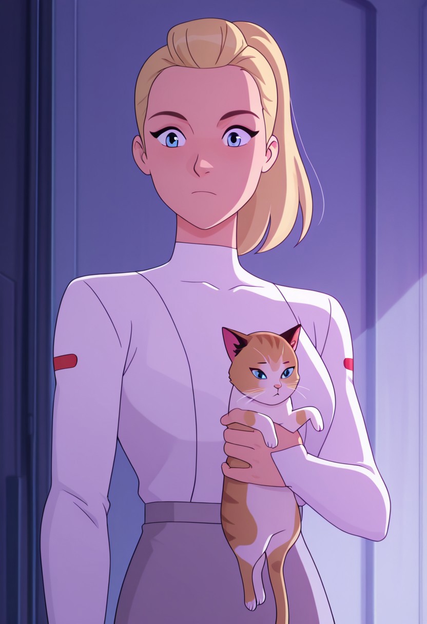 vibrant anime image, masterpiece, colourful, CHAdora holding a cat, blond, blue eyes, adwhite outfit,