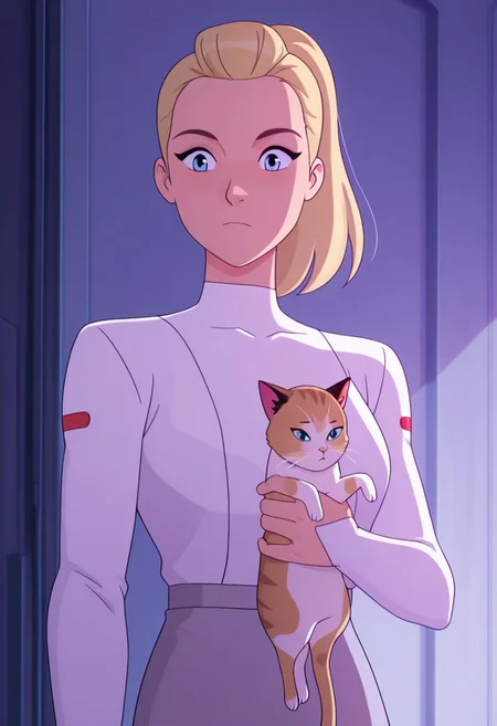 vibrant anime image, masterpiece, colourful, CHAdora holding a cat, blond, blue eyes, adwhite outfit,