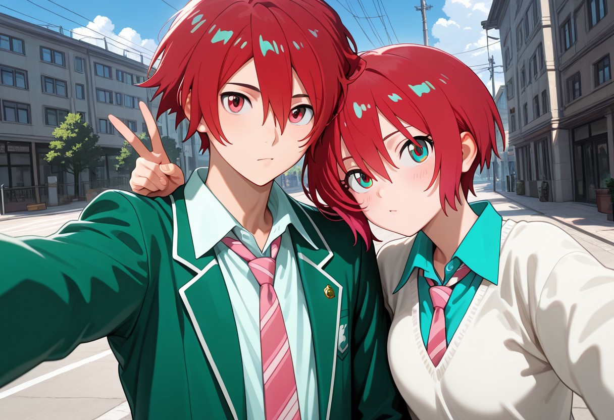 masterpiece, best quality, amazing quality, absurdres, newest, detailed background, definition so sharp, Ultra-HD, 8K cinematic, very awa, impressionate, amazing quality, highres, 
duo, couple focus, different high, different size, side by side, v, selfie, upper body, day, blue sky, outdoor, 
BREAK
(1boy, kagayakibishounen, takuto_red eyes, takuto,red hair, short hair, takuto_school uniform, green blazer, white collared shirt, pink tie),
BREAK
(1girl, amate yuzuriha,aqua shirt,striped necktie,white sweater,),