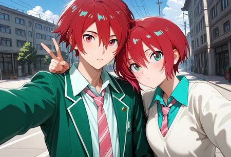masterpiece, best quality, amazing quality, absurdres, newest, detailed background, definition so sharp, Ultra-HD, 8K cinematic, very awa, impressionate, amazing quality, highres,
duo, couple focus, different high, different size, side by side, v, selfie, upper body, day, blue sky, outdoor,
BREAK
(1boy, kagayakibishounen, takuto_red eyes, takuto,red hair, short hair, takuto_school uniform, green blazer, white collared shirt, pink tie),
BREAK
(1girl, amate yuzuriha,aqua shirt,striped necktie,white sweater,),