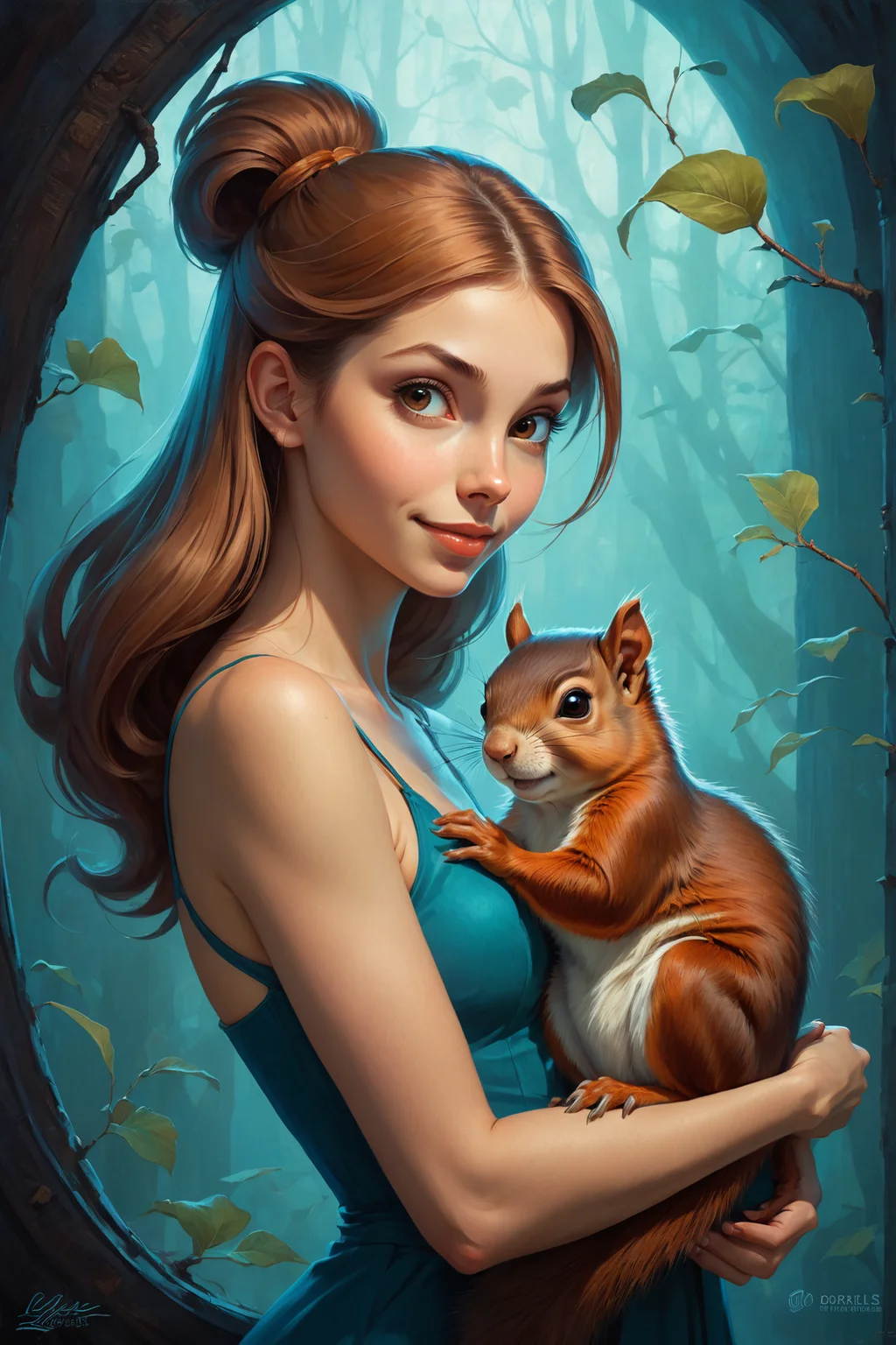 movie still <lora:juggernaut_cinematic:1.00> by Lois van Baarle and Andrew Ferez in the style of Dorina Costras , cute 18 year old woman and her pet squirrel <lora:more_art:0.30>