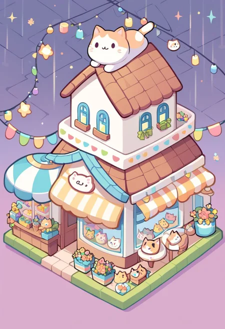 pimpochka backgrounds,
topdown, isometric,
no shadows, cartoon look,
no humans,
main square, fountain with a cat sculpture, garlands, houses standing around, cute houses, cute style, joyful atmosphere, exterior design, cute house, roof with cat ears, colorful design, lights, shops, flowers,
minimalistic