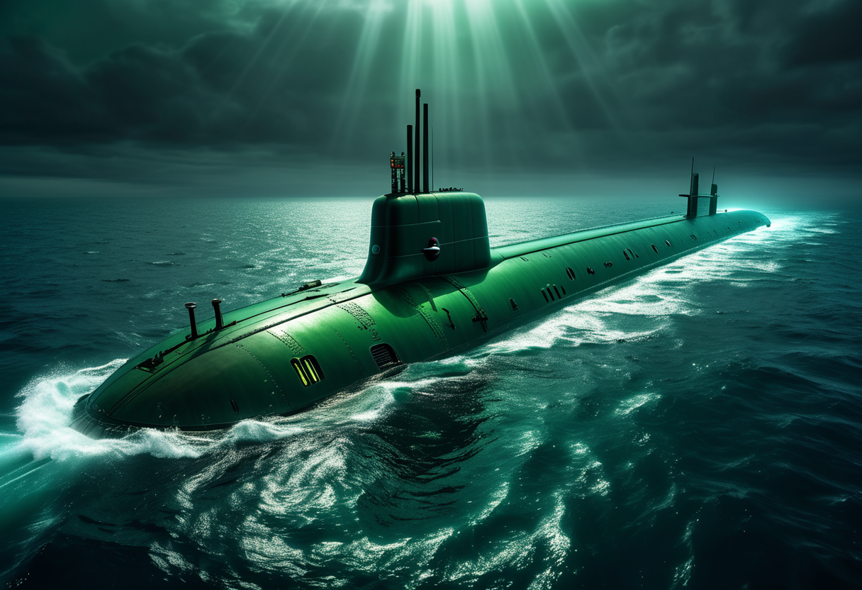 award winning, (professional photo) of (state-of-the-art gigantic dark-green submarine) with stealth-coating hull, Stirling engines,  glowing panels,  the submarine is navigating through  a featureless deep-sea plain, with dark waters, sparse creatures, a silent and vast oceanic floor, , creative, beautiful, vibrant, masterpiece, 64k, UHD, HDR, full view, atmospheric lighting, extremely detailed