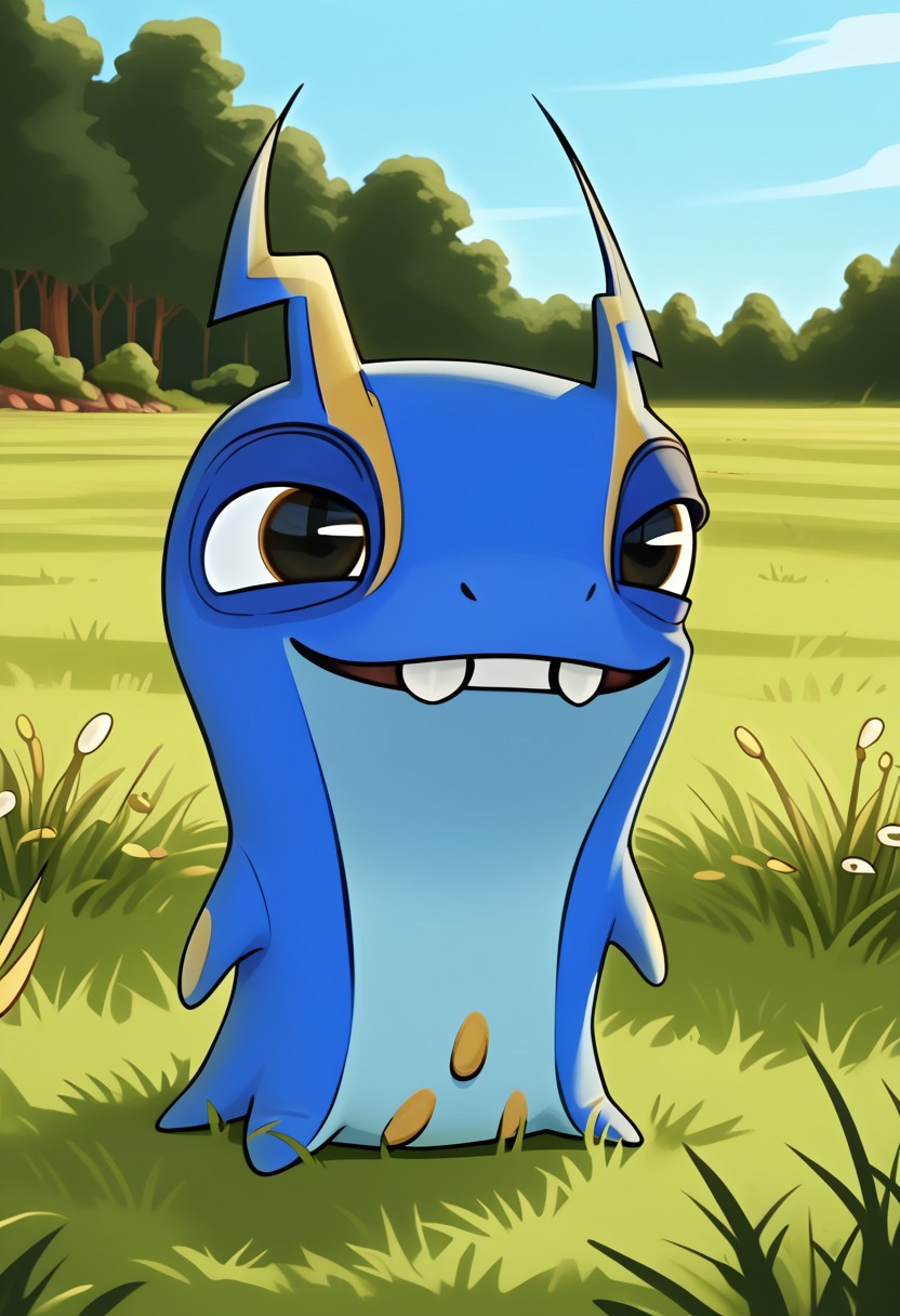 BREAK score_9, score_8_up, score_7_up, source_cartoon, joules_slug, slug, two-tone skin, light blue-blue, brown eyes, ray-shaped antennae, yellow rays, light blue chest, symbol on the stomach, grass, smile, (creativity:1.3), outdoors,