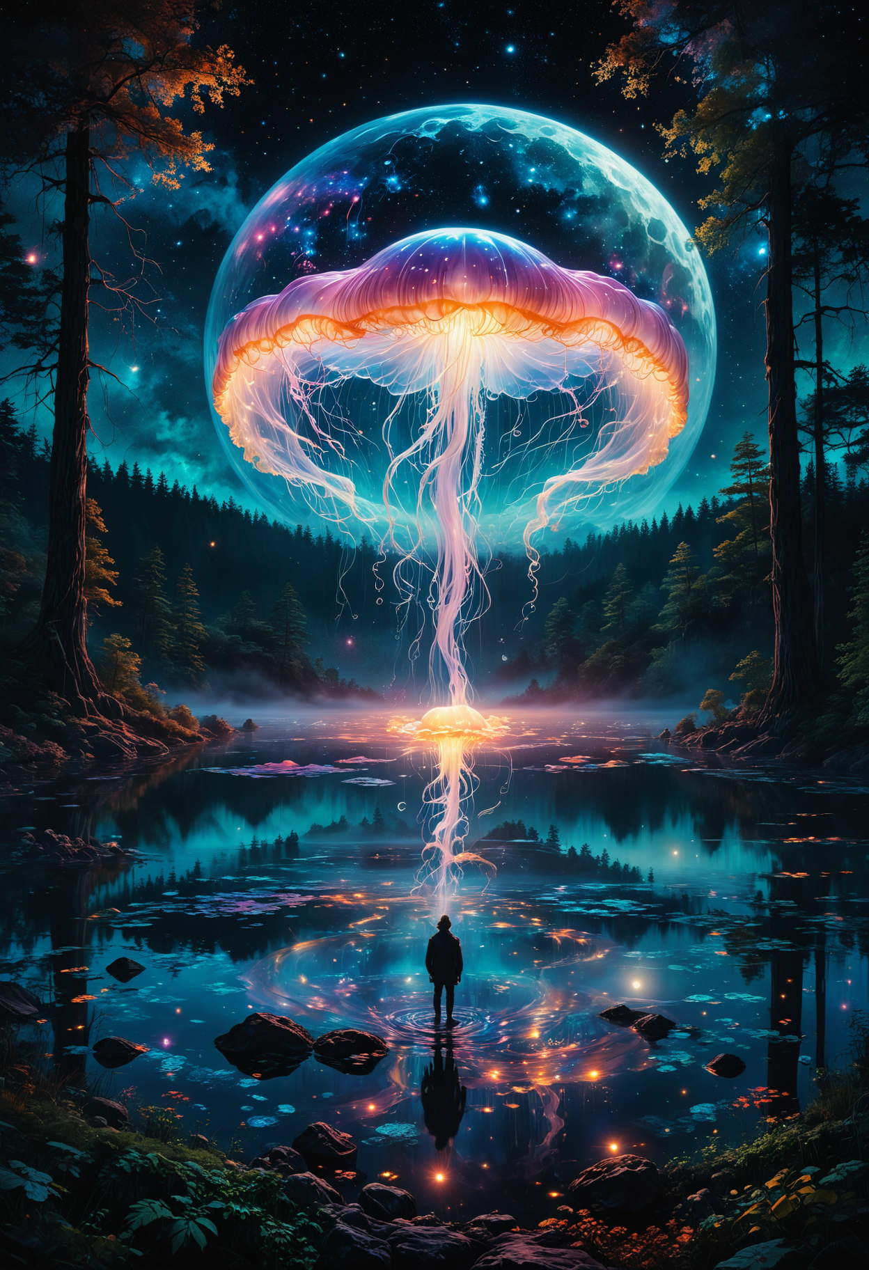 double-masking photography, over the lake landscape, translucent luminous jellyfish as a huge moon , by Dan Mountford, by Dan Hillier, vivid colors, negative space, photo illustration. high in the night sky, reflection. Forest   <lora:SDXLFaeTastic2400:0.4>
  <lora:Vivid Midjourney mimic - XL SDXL v2.0:0.5>  <lora:detailed_notrigger:0.6> <lora:zavy-cntrst-sdxl:0.7>