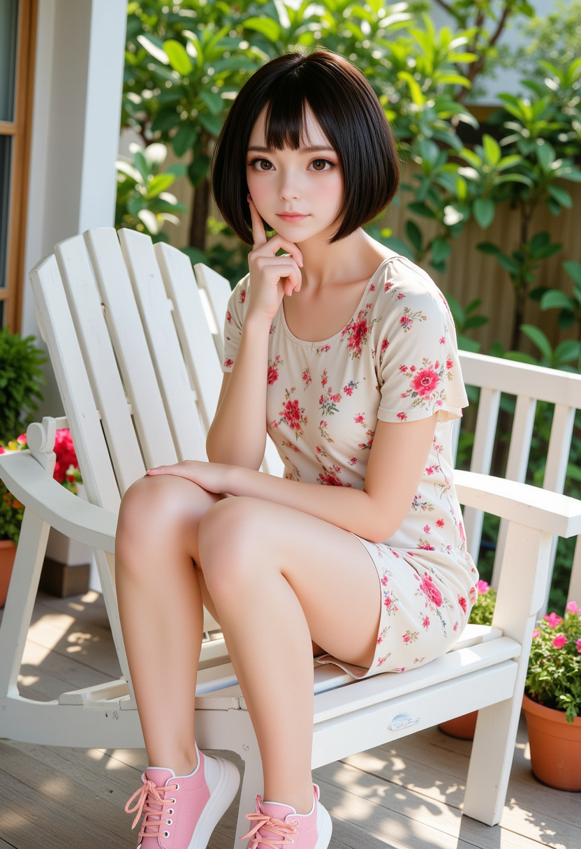 Hyperrealistic, She is approximately 18 years old, she is smiling, dynamic angles, multiple angles,She is looking at the camera, photoshoot poses; A photo of Nanako_Wbody, a woman with short dark hair,She is wearing a white floral print dress, and pink and white sneakers, She is sitting in a white deck chair, on a front porch lined with beautiful flower pots. and the girl is posing confidently,  the lighting is soft, creating a flattering and athletic appearance. The overall composition of the image is dynamic and energetic,  she is posing for the camera with a smile on her face. Style: realistic hyper-detailed rendering, 32k UHD, expressive eyes, punk, graphic design, girl's face, pretty and cute, gleaming lips, telling a tale of adventure. Exuding confidence and serenity. The overall mood of the image is happy and relaxed,detailed skin texture,(blush:0.2),(goosebumps:0.3),subsurface scattering,with a playful and whimsical tone, Niji style, retro50s_style, Detailed hand, perfect hand, hand,