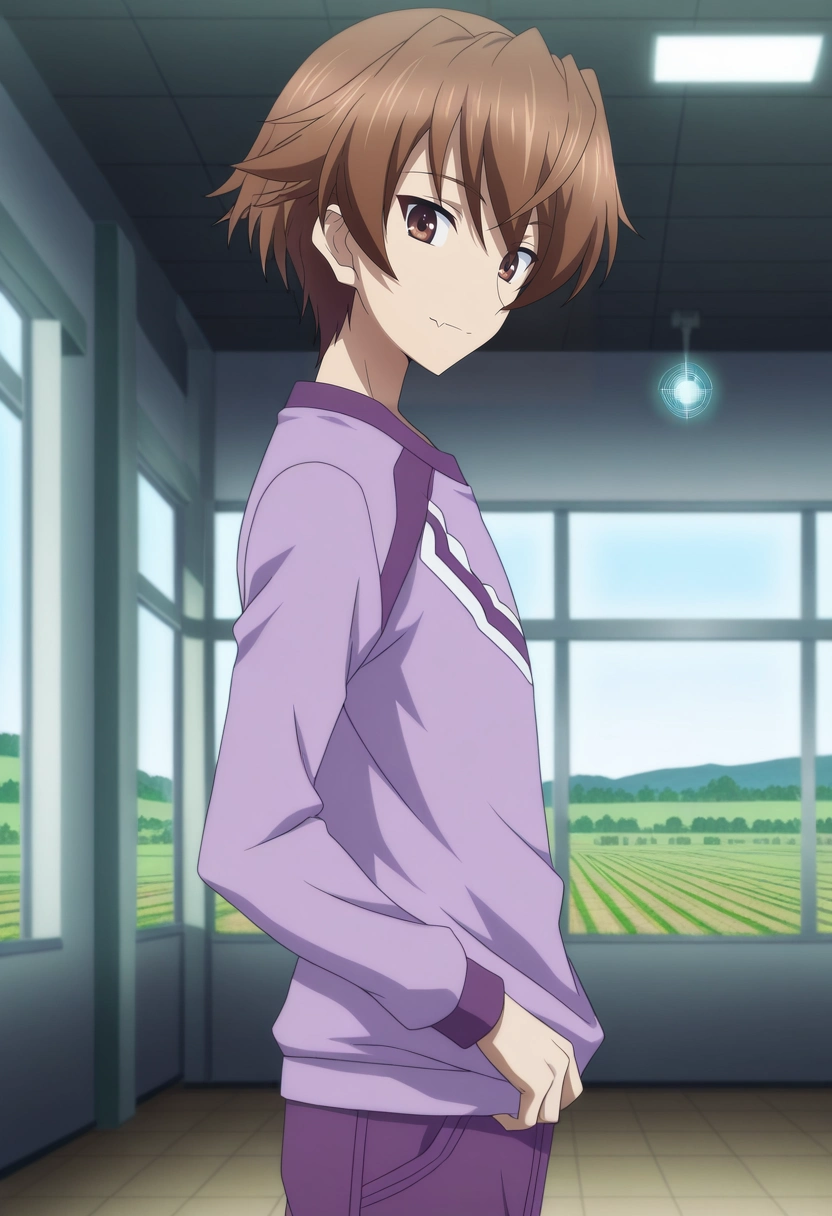 masterpiece, best quality, intricate details, anime screencap, anime coloring, official style, looking at viewer, 1boy, solo, male focus, <lora:takeya_iizuka_ilxl:1>, takeya_iizuka, brown hair, brown eyes, short hair, , from side, farm, plantation, indoors, yoga, skin fang, Slim-fit cargo pants, Honeycomb Light purple Track sweatshirt, , ,