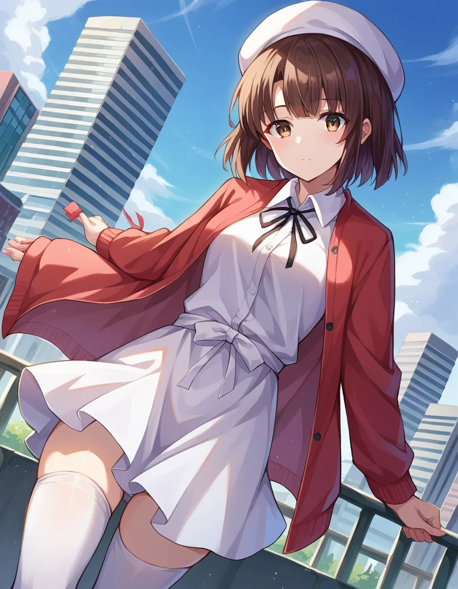 score_9, score_8_up, score_7_up, source_anime,
megumikatou, <lora:megumi-katou-ponyxl-lora-nochekaiser:1>
megumi katou, brown hair, brown eyes,
short hair, hat, jacket, long sleeves, thighhighs, white headwear, white thighhighs, dress, white dress, red jacket, white hat, open cardigan, open clothes,
outdoors, cityscape,
looking at viewer, dutch angle, cowboy shot,