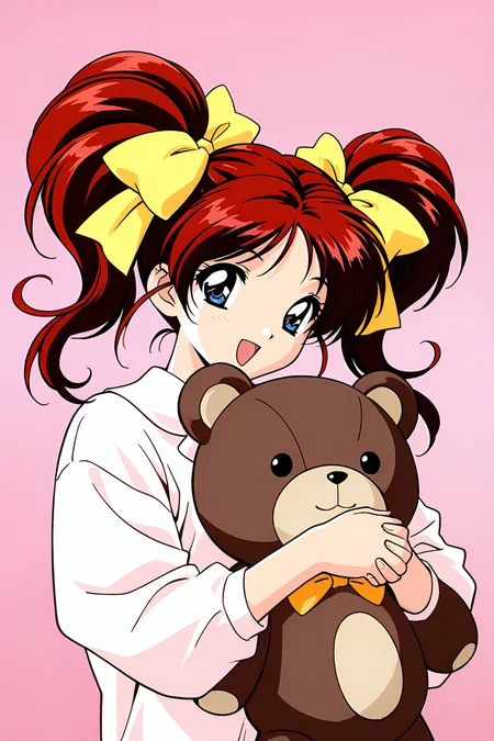 masterpiece, best quality, absurdres, official art, official style, general BREAK,
<lora:janjans1-hina_IL2_v1:0.7>, kawahara hina, 1girl, solo, red hair, blue eyes, parted bangs, short hair, short twintails, hair ribbon, shiny hair, 1990s \(style\), retro artstyle, anime coloring, small breasts, flat chest, stuffed animal, teddy bear, own hands together, open mouth, upper body, smile, long sleeves, pink background, looking at viewer, own hands clasped, bubble, holding stuffed toy, interlocked fingers, simple background, :d, yellow ribbon, happy, white shirt, collared shirt, puffy sleeves