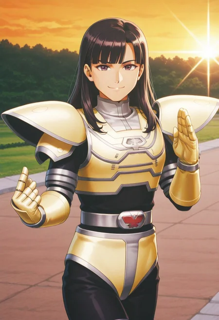 anime screencap, anime coloring,
solo, 1girl, cowboy shot
dark hair, long hair, blunt bangs dark eyes looking at viewer, medium breasts, smile, (covered neck), BREAK
A9eha, robot, solo, armor, bodysuit, belt, A9eh shorts, gloves, fighting stance, shining,
outdoors, road, sunset, dramatic lighting
<lora:DetailedPerfect_hands_r1:1> <lora:coveredneck_v1-000006:0.8>