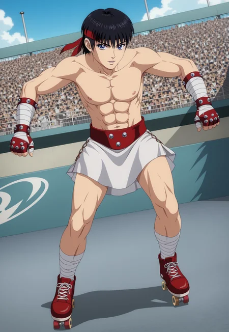 masterpiece, best quality, amazing quality, very aesthetic, absurdres, newest, (retro artstyle:1), cestanim, red headband, short black hair, bangs, blue eyes, cestus, bandaged hands, studded red gloves, red belt with three studs, plain white kilt, red sandals, toned body, bandaged ankles, (action pose:1), looking at viewer, skateboard, skatebingbing,