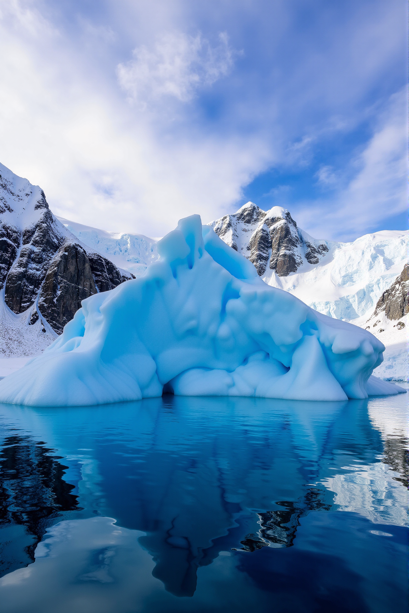 <lora:Ice_Desert_style:0.8> IceDesert style.
Crystalline blue iceberg walls dominate the foreground, carved into arching hollows and smooth glacial folds by time and tide, their translucent ice radiating with ethereal cyan glow against the mirrored surface of pristine arctic waters. The iceberg leans subtly over its reflection, casting rippling shadows and inverted light patterns into the depthless stillness below. Towering cliffs rise beyond the waterline, capped with thick snow and streaked with weathered rock, while a dynamic sky above swirls with dramatic cloud patterns, blending silvery cirrus textures with streaks of bright white and cool shadow. Shot from water level with a cinematic lens and rich tonal balance, the scene weaves surreal ice architecture, glassy liquid reflections, and grand alpine backdrops into a single breathless moment of frozen beauty and suspended movement, evoking a sacred, untouched realm of silence and water.