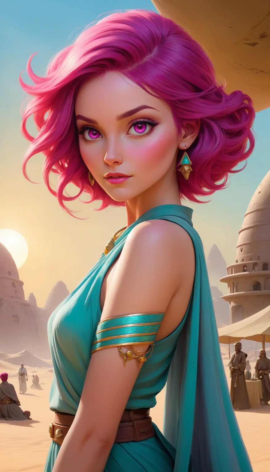 ethereal fantasy concept art of A magenta haired woman on vacation enjoying the local party scene at morning in Mos Eisley on the planet Tatooine in Star Wars . magnificent, celestial, ethereal, painterly, epic, majestic, magical, fantasy art, cover art, dreamy, skeptical, doubting, cynical