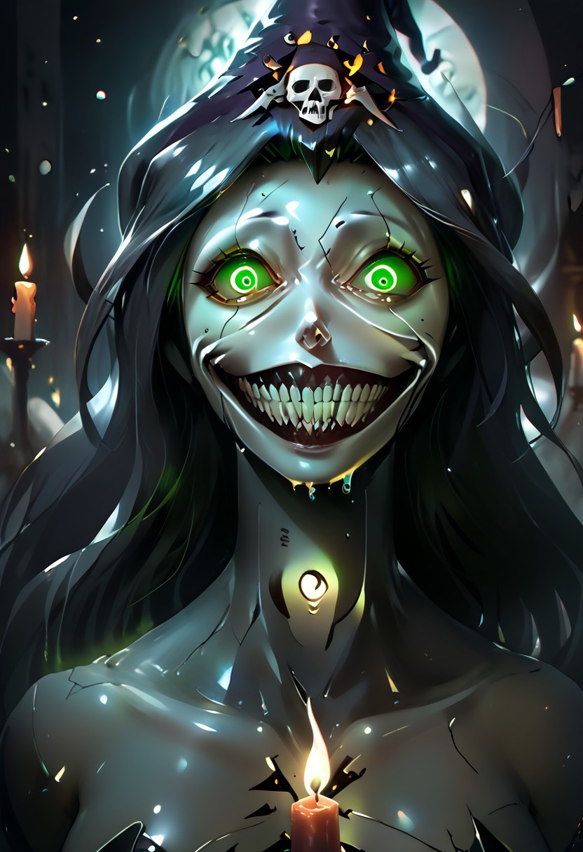 score_9, score_8_up, score_7_up,realistic,realistic style photo,cinematic light, film still,<lora:JuggerCineXL2:1.0>
rostran style, glowing, radiance, light art,horror (theme), eldritch abomination,detailed_eye_model
1girl, necromancer, hollow,ghost,slime, on her cracked face there is a point where you can see her skull, solo,thin arms, narrow shoulders, petite, Black hair,wavy hair,glowing green eyes, cute, Kawaii,slim girl, Short,
 sharp teeth, evil grin, green sclera, glowing eyes,
Jed-Wtchc, witch outfit,  Pointed hat, black dress,  striped stockings, Side slit on the dress,
in a dungeon, stand on a giant werewolf skull, the skull is in the middle of a pentagram, candles, candle lights, green candle lights,