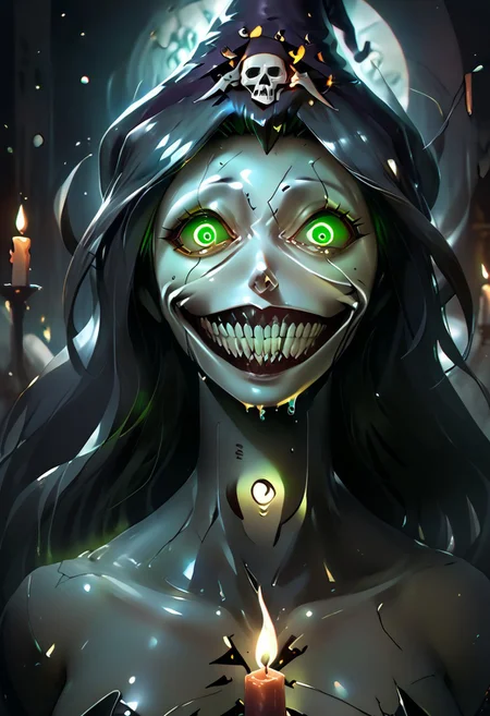 score_9, score_8_up, score_7_up,realistic,realistic style photo,cinematic light, film still,<lora:JuggerCineXL2:1.0>
rostran style, glowing, radiance, light art,horror (theme), eldritch abomination,detailed_eye_model
1girl, necromancer, hollow,ghost,slime, on her cracked face there is a point where you can see her skull, solo,thin arms, narrow shoulders, petite, Black hair,wavy hair,glowing green eyes, cute, Kawaii,slim girl, Short,
sharp teeth, evil grin, green sclera, glowing eyes,
Jed-Wtchc, witch outfit, Pointed hat, black dress, striped stockings, Side slit on the dress,
in a dungeon, stand on a giant werewolf skull, the skull is in the middle of a pentagram, candles, candle lights, green candle lights,