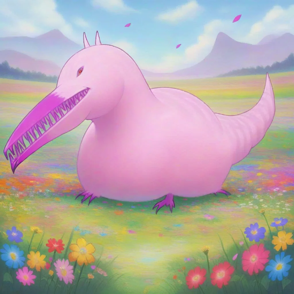 The giant Wossum Matriarch with her long beak and sharp teeth waddles through a field of vibrant wildflowers, her usually intimidating visage replaced by a look of pure joy. Her offspring frolic alongside her, their own tiny beaks and teeth nibbling on the colorful petals. Wholesome and heartwarming, Studio Ghibli inspired, lush scenery <lora:240527_WOSSUM:0.9>