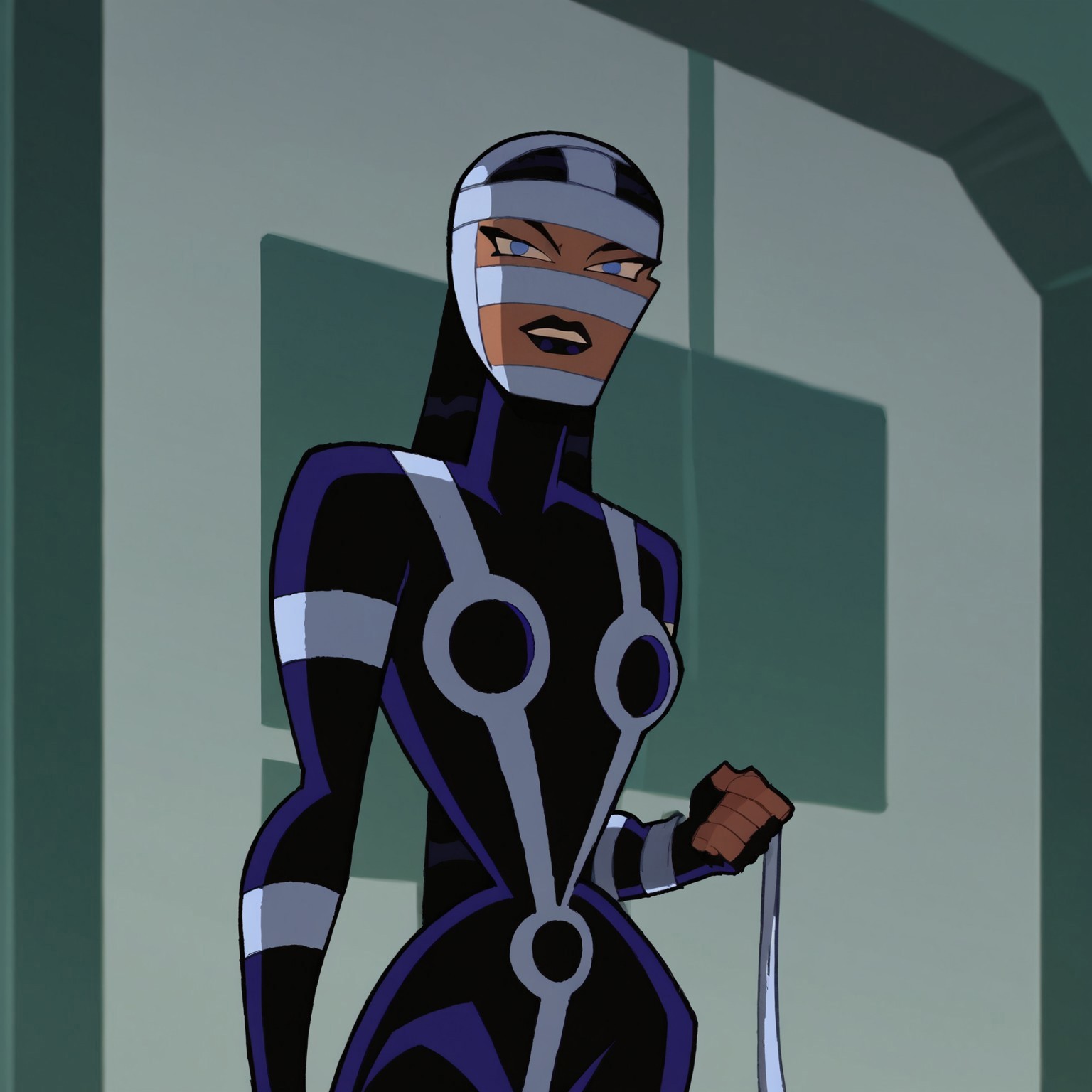 Score_9, score_8_up, score_7_up, LashinaBB, 1girl, solo, mask, black bodysuit, black lipstick, blue eyes, black hair, fingerless gloves, looking at viewer, breast