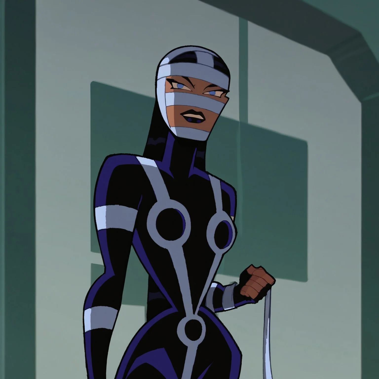 Score_9, score_8_up, score_7_up, LashinaBB, 1girl, solo, mask, black bodysuit, black lipstick, blue eyes, black hair, fingerless gloves, looking at viewer, breast