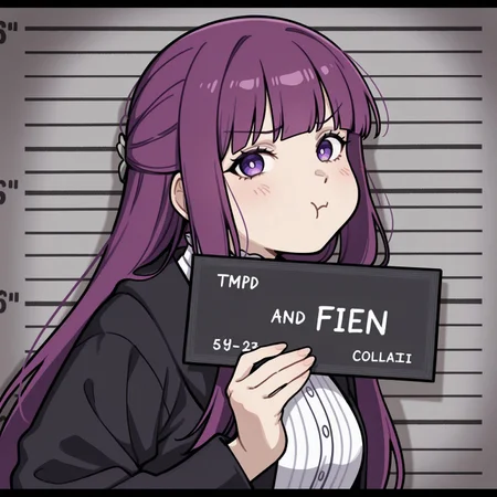 masterpiece, best quality, amazing quality, very aesthetic, high resolution, ultra-detailed, absurdres, newest, scenery, cute, 1girl, ken mugshot, holding, nameplate, holding sign, letterboxed, looking at viewer, upper body, mugshot, english text, fern /sousou no frieren/,purple hair, pout