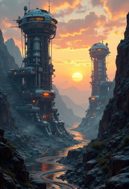in the style of ck-mgs, A digital artwork in the style of cknc, a_skynet_cyberdyne_craft, the image is featuring a a forbidding mountain pass at sunset, guarded by two colossal gun towers made of a gleaming silver alloy with glowing led lights, and covered in intricate neon yellow electrical circuitry