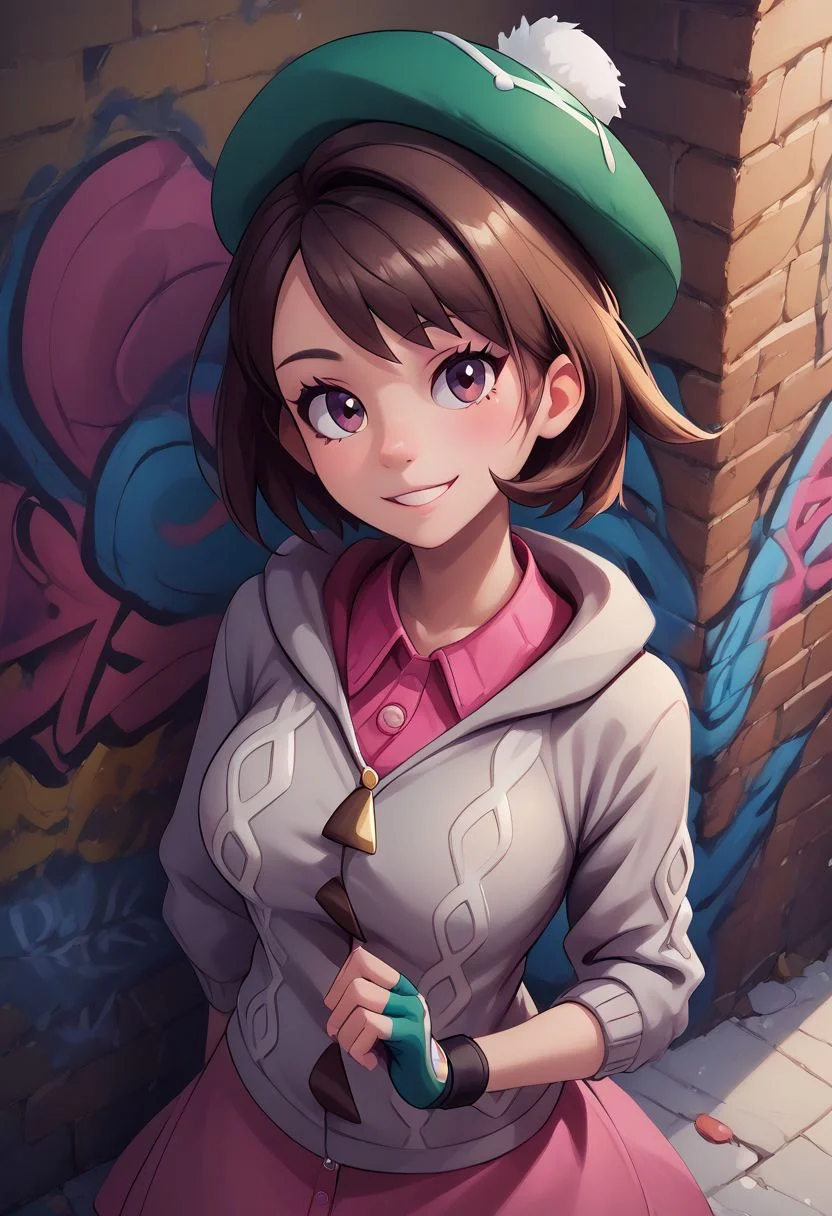 score_9, score_8_up, score_8, 1girl, (large breasts), 
pretty girl, vivid colors, indoors, 
 from above, 
BREAK, 
gloria (pokemon), solo, smile, looking at viewer, green hat, grey cardigan, hooded cardigan, cable knit, pink dress, zipper, fingerless gloves, multiple belts, shiny clothes, (graffiti:1.2), brick wall,