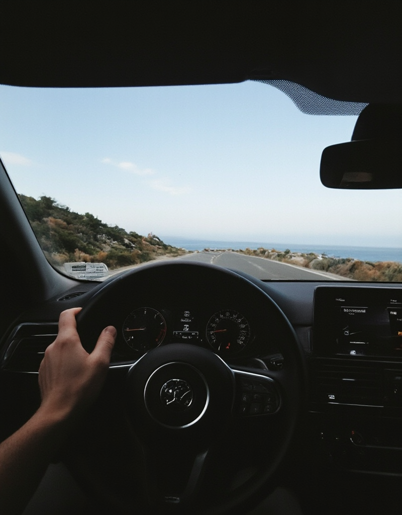 <lora:City_Worlds_01_v1_Roads_flux:1> citybkg, car interior, incar driving, vegetation, hand on the wheel, sea side road
